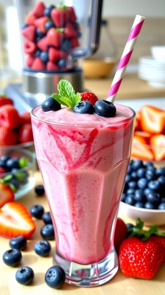 A refreshing Berry Blast Smoothie in a glass, garnished with berries, on a kitchen counter.
